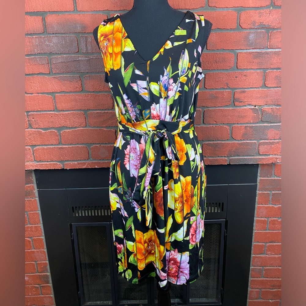 Nina Leonard Women’s Sleeveless Floral Tie‎ Waist Mini Dress Size M